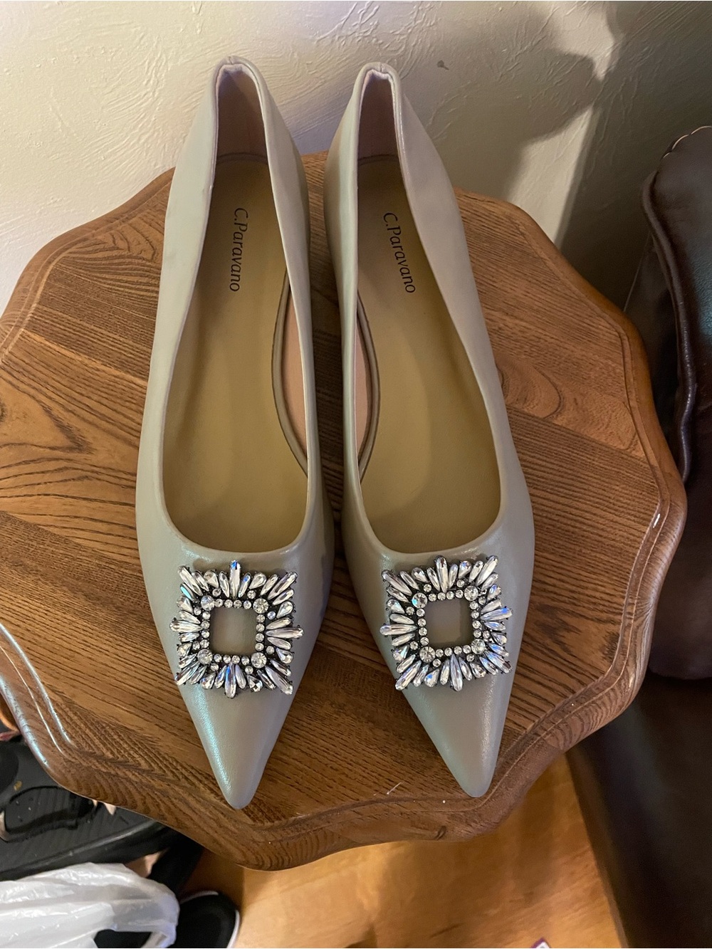 C. Paravano Taupe Pointed Toe Jeweled Flats